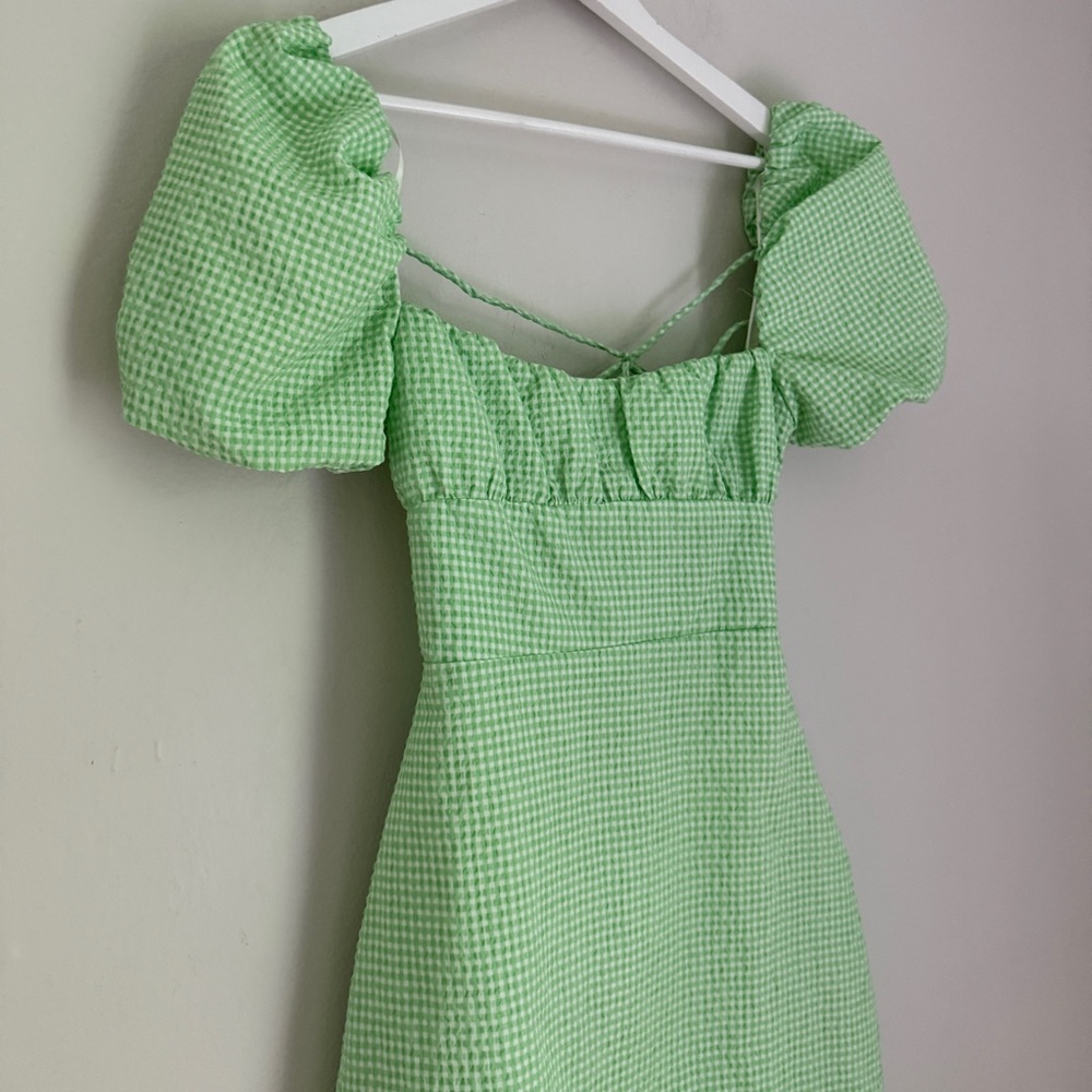 NWT Zara Lace Up Back Mini Dress Puff Sleeve Gingham Green and White Size Medium - Picture 7 of 12